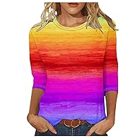 Womens Tops 2024 Trendy Gradient Tie Dye Tshirts 3/4 Sleeve Oversized Shirts Dressy Casual Crew Neck Tunic Blouses Loose Fit