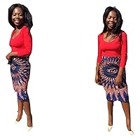Women African Blue Bold Knee Length Pencil Skirt
