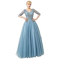 Women's V-Neck Beaded Lace-up Quinceanera Ball Gown with Sleeves