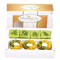 Ghasitaram Gifts Diwali Gifts Sweets- Assorted Box of Pista Barfi, Kesar Pista Delight, Choco Boat and Besan Barfi 200 GMS