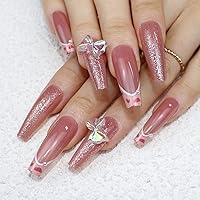 IMSOHOT Glossy Ballerina Press on Nails Long Coffin Pink Fake Nails Heart Bow Tie False Nails Artificial Acrylic Nails for Women and Girls