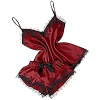 Women's Sexy Silk Satin Ruffled Pajamas Sets Cami Shorts Sets Sleepwear Lace Nightwear Nightgown Valentines