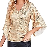 Women Sequin Sparkly Tops 3/4 Bell Sleeve Glitter Dressy Blouses Cross V Neck Tunic Tops for Evening Party