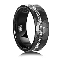 Tungsten Rings for Men Womens 8mm Black Fashion Promise Wedding Band Hammered Groove Meteorite Orbo Carbide Beveled Polished Edge Comfort Fit