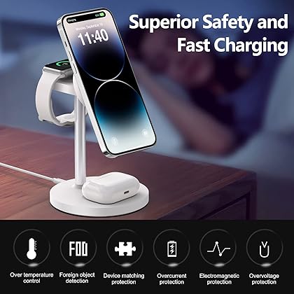 FutureCharger 3 in 1 Magnetic Wireless Charging Station for Multiple Apple Devices, Wireless Charger Stand with Adjustable [Compatible with MagSafe] for iPhone 15/14/13/12, Airpods & iWatch -White