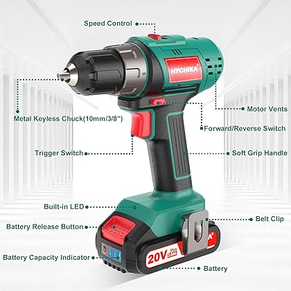 Cordless Drill Driver 20V, HYCHIKA Power Drill Set 330 In-lb Torque,1500 RPM,2.0Ah Li-Ion Battery, 1H Fast Charger, 21+1 Clutch, 2 Variable Speed & Built-in LED for Drilling Wood, Metal and Plastic