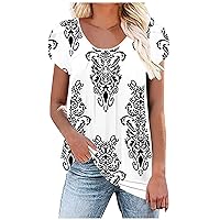 Womens Tulip Petal Sleeve Tops Scoop Pleated Neck T Shirts Summer Short Sleeve Floral Print Loose Casual Tunic Blouse