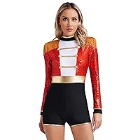 Women's Long Sleeve Hollow Out Back Circus Ringmaster Jumpsuit Sequin Costumes Bodysuit