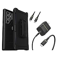 OtterBox Galaxy S23 Ultra (Only) Bundle: Defender Series Screenless case (Black) - Microbial Defense Protection USB-C to USB-C Wall Charging Kit, 20W