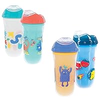 Nuby No Spill Insulated Transition Cup with Soft Rim Spout | 9 oz/ 270 ml | 2 Pack: Aqua Animals & White Shapes or Blue Dinosaurs & Yellow Monsters | 18 Months +