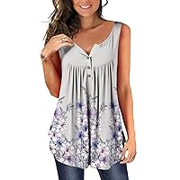 Lady Fashion Plus Size Floral Graphic Tunic Vest Tops Sleeveless Button V Neck Casual Loose Fit Lightweight Blouse