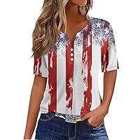 Womens 4th of July Shirts Patriotic Flag Print Oversized Workout Tops Summer Short Sleeve Button V Neck Soft Tees