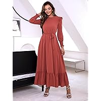 Dresses for Women Women's Dress Shirred Cuff Ruffle Trim Belted Dress Dresses (Color : Watermelon Pink, Size : X-Large)