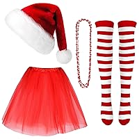 Geyoga 4 Pack Kid Christmas Costume Set Christmas Santa Hat Tutu Skirt Striped Tights for Christmas Holiday Dress Party