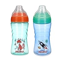 Nuby 2 Pack No Spill Printed Thirsty Kids No-Spill Sip-it Sport Cup with Soft Spout and Lid - 12oz, 12+ Months,2 Count(Pack of 1),Print May Vary