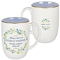 Christian Art Gifts Large Ceramic Inspirational Scripture Coffee & Tea Mug for Women: Noble Things Bible Verse Proverb, Cute Green Floral Wreath, Gold Rim, Lead/Cadmium Free, Light Blue/White, 14 oz.