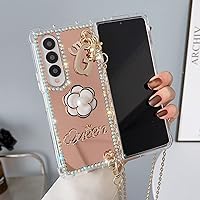 for Samsung Galaxy Z Fold 3 5G Mirror Case with Crossbody Lanyard Luxury 3D Sparkle Crystal Diamond Bling Glitter Cute Slim Makeup Hard PC Phone Case for Galaxy Z Fold 3 Women Girls, Gold