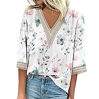 3/4 Length Sleeve Womens Tops Dressy Casual V Neck Lace Shirts Trendy Summer Floral Blouses Going Out Tops 2024 S-3XL