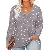 RITERA Plus Size Tshirt for Women Winter Tops V Neck with Loose Fit Pullover Oversized Casual Long Sleeve Sweatshirts Ladies Grey Star Fall Henley Shirt Fashion Comfy Tunic Blouse 3X 3XL 22W 24W