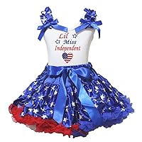 Petitebella Lil Miss Independent White Shirt Stars Blue Ribbon Skirt 1-8y