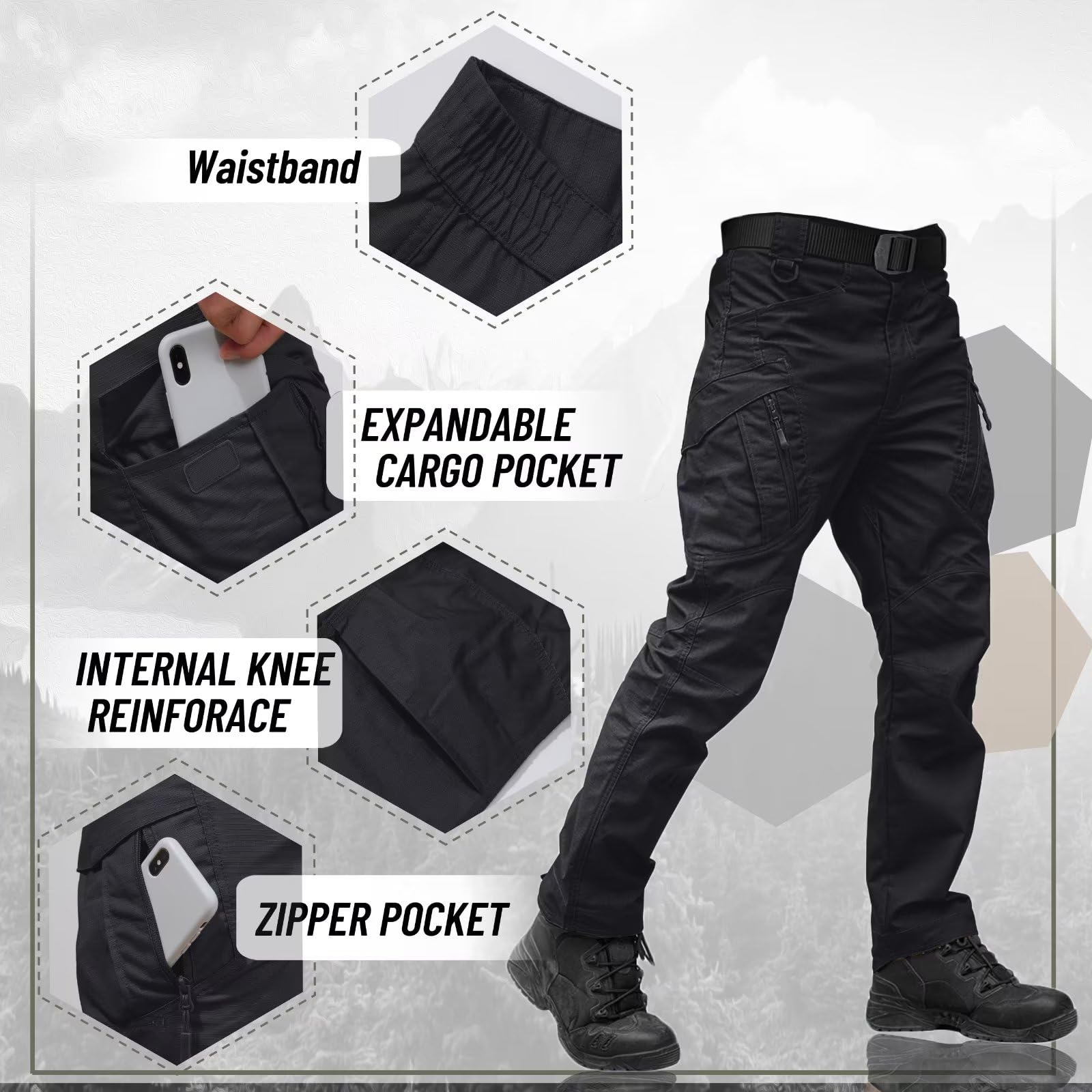 TACVASEN Men's Outdoor Tactical Pants Water Resistant Military Cargo Hiking Pants Lightweight Durable Ripstop Work Pants