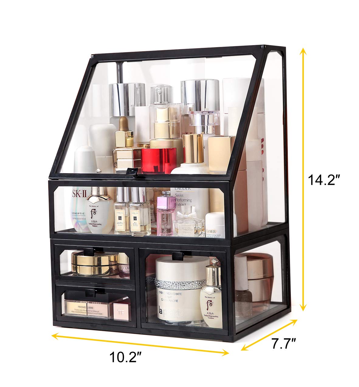 MOOCHI Black Vintage Glass Cosmetic Makeup Organizer 3 Drawers Set Dust Waterproof Cosmetics Storage Display Case Countertop for Brushes Lipsticks Jewelry