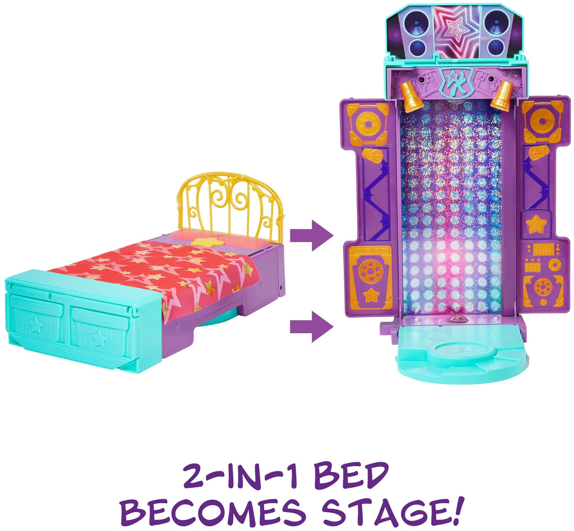 Mattel Karma's World Toy Playset with Doll & Accessories, Musical Star Stage with Lights & Sounds, Transforms From Bed To Stage