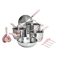 Paris Hilton Stainless Steel Pots and Pans Set with Stay-Cool Pink Handles, Tempered Glass Lids, Bonus Heart Shaped Measuring Cups and Spoons, Dishwasher Safe Cookware, 10-Piece Set