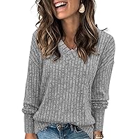 Heymiss Womens Sweatshirts V Neck Long Sleeve Shirts Loose Casual Fall Fashion Sweaters S-2XL