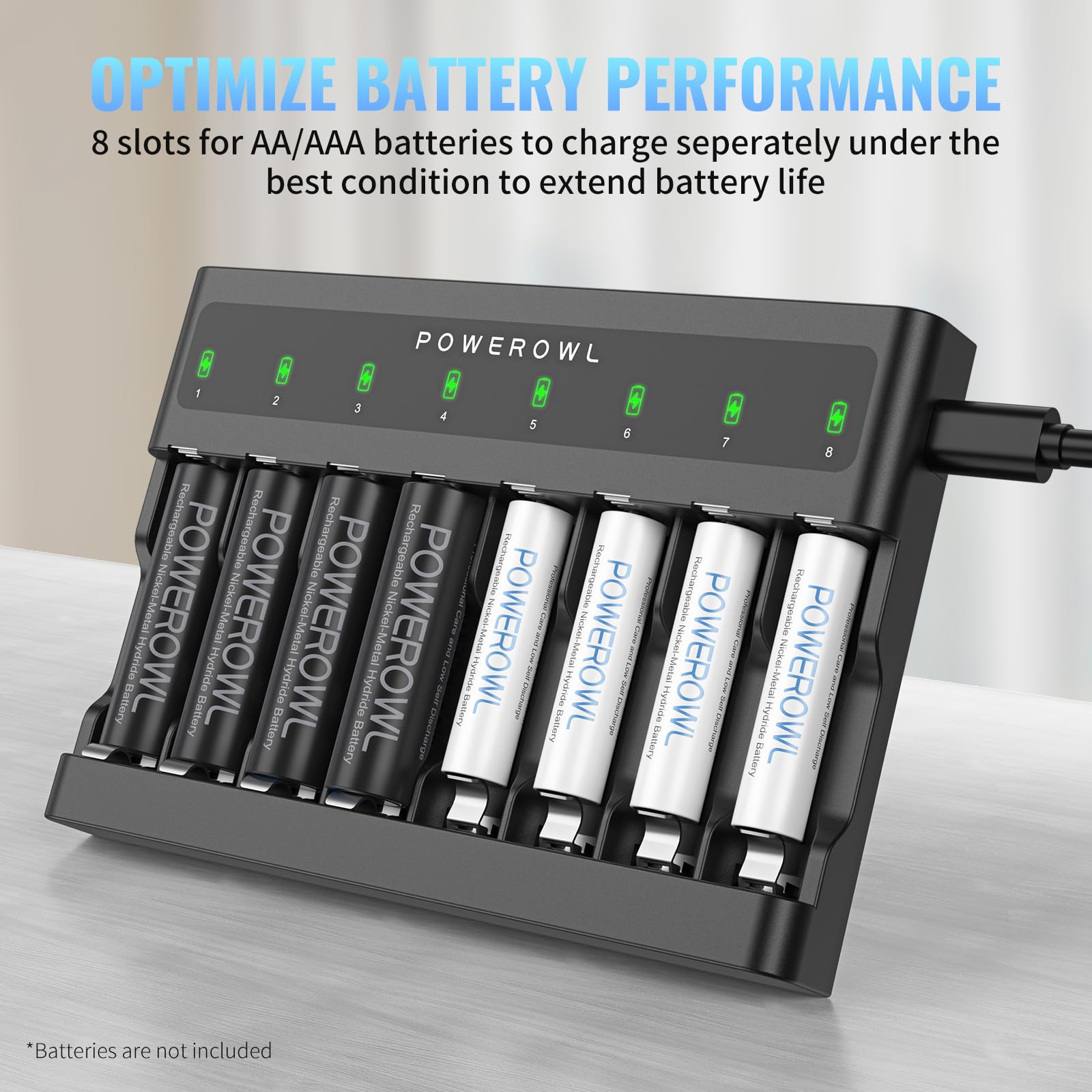 POWEROWL High Capacity Goldtop Rechargeable AA Batteries PRO with AA AAA Battery Charger 8 Bay