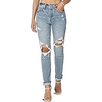 TheMogan Women's Distressed Destructed Washed Denim Mid~High Rise Relaxed Boyfriend Jeans