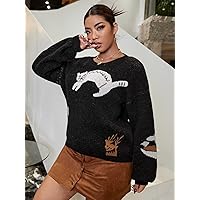 Sweater for Women - Plus Cat Pattern Drop Shoulder Sweater (Color : Black, Size : X-Large)