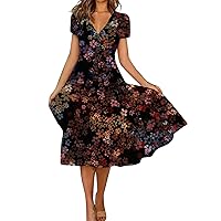Sundresses for Women Flowy Short Sleeve Midi Dress Floral Printed V Neck Beach Dress Lightweight Comfy Sundresses