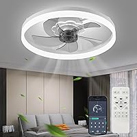 19.7'' Modern Ceiling Fan with Dimmable LED Light, Low Profile, Flush Mount Ceiling Fan with Light, 6-Speeds, Quiet DC Motor, App & Remote Control, Perfect for Bedroom Living Room, 2115 White