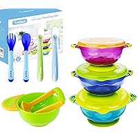 Baby Bowls, Baby Feeding Bowls Set with 2 Hot Safe Baby Fork and Spoon, 2 Soft-Tip Silicone Baby Spoons, Mash and Serve Bowl - Baby Shower, Set of 3 Suction Baby Bowls for Toddler with Lids