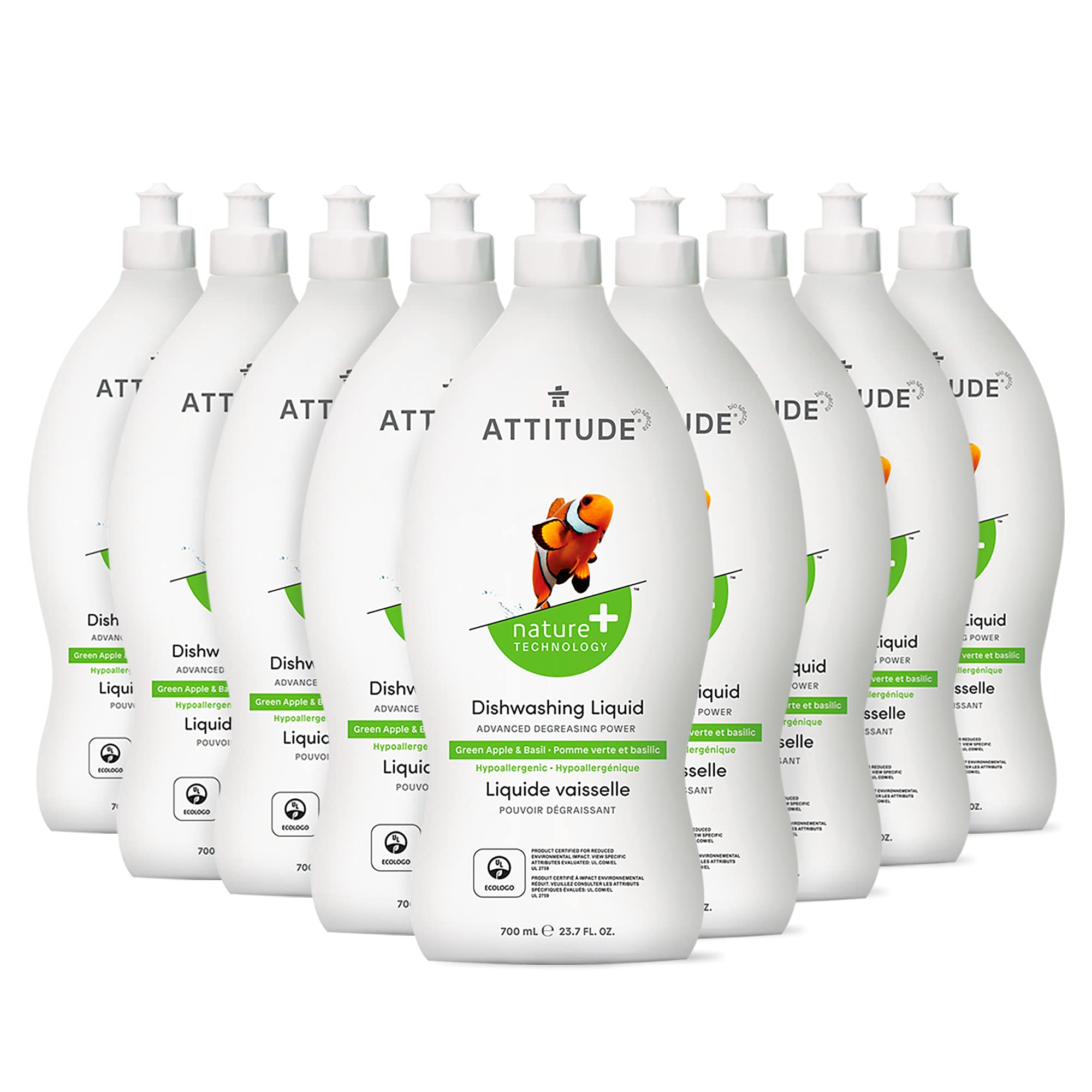 ATTITUDE Liquid Dish Detergent, Plant- and Mineral-Based Ingredients, Effective Dishwashing Soap Formula, Vegan and Cruelty-free, Green Apple & Basil, 23.7 Fl Oz (Pack of 9)