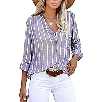 Astylish Womens Casual Long Sleeve Striped Button Down Henley Shirts Collared Blouses Light Purple Medium