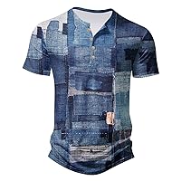 Mens Casual Slim Fit Henley Summer Short Sleeve Fashion T-Shirt Retro Distressed Classic Lightweight Washed Tee Tops