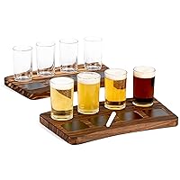 Houseables Beer Flight Board, Tasting Kit, 13”X8”, Set Of 2 Boards With 8 Glasses, Wood Paddle, Drink Serving Tray, Chalkboard Labels, Craft Brew Sampler, For Bar, Brewery, Gifts, Party, Education