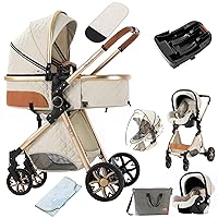 3 in 1 Baby Travel System Reversible Baby Stroller Pushchair Portable Baby Standard Pram Buggy Baby Carriage Foldable Luxury Baby High Landscape Pram for Toddler Newborn (UDV9-WHITE with Base)