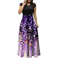 2024 Womens Short Sleeve Dress Summer Ethnic Print Loose Large Size Ladies Round Neck Floral Printting Maxi Dresses