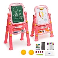 Art Easel for Kids, Height Adjustable 360° Rotate Standing Kids Easel, Double Sided Art Drawing Board with Chalkboard & Whiteboard, Toddler Easel with Painting Accessories for Boys and Girls, Pink