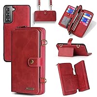 Galaxy S22 Wallet Case,Galaxy S22 Case with Card Holder,Case Wallet Magnetic Detachable 3 in 1 Leather Flip Wallet with 13 Card Slots,Kickstand,Hand &Crossbody Strap,Zipper Wallet (Red)