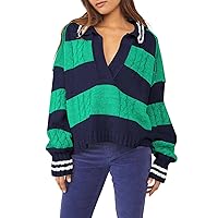 Pink Queen Women's 2023 Fall Casual Oversized Pullover Sweaters Lapel Collar V Neck Long Sleeve Cable Knit Striped Jumper Top