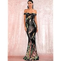 ROLVK Women's Casual Dresses Off Shoulder Fishtail Hem Sequin Dress Charming Mystery Special Beautiful