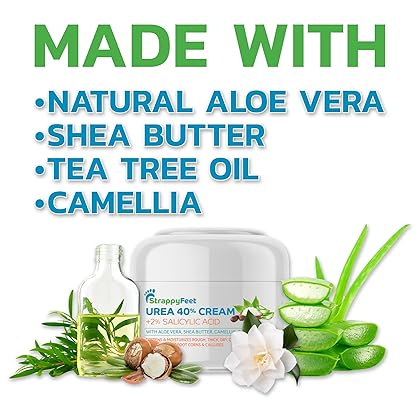 StrappyFeet Urea 40% Cream plus Salicylic Acid 2% Foot Cream - Softens and Moisturizes Rough Thick Dry Cracked Feet and Heels - with Aloe Vera Shea Butter and Tea Tree Oil