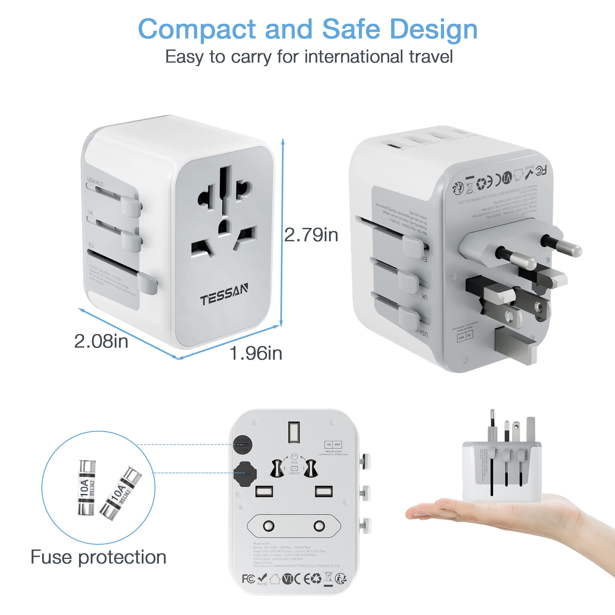 TESSAN Universal Power Adapter, International Plug Adaptor with 4 USB Ports (1 USB C), Travel Worldwide Essentials Wall Charger for US to Europe Germany France Spain Ireland Australia(Type C/G/A/I)