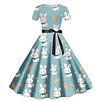 Women's Vintage Pleated Flared Swing A-Line Casual Party Work Dresses Easter Funny Bunny Rabbit Print Crewneck Dress