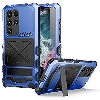 Samsung S23 Ultra Metal Bumper Military Rugged Silicone Case Heavy Duty Armor Defender Samsung S23Ultra Metal Case with Stand Built-in Gorilla Glass Full Cover Dustproof Outdoor Cover (Blue)