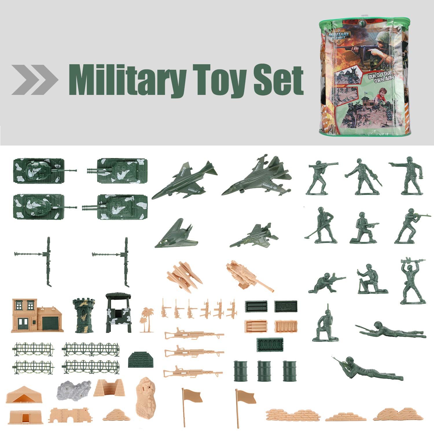Hautton Toy Army Men Set, 130 PCS Plastic Military Action Figures Combat Battle Playset Bucket with Soldiers, Tank, Plane, Helicopter, Flag, Fence, and Battlefield Gift for Boys Kids Children